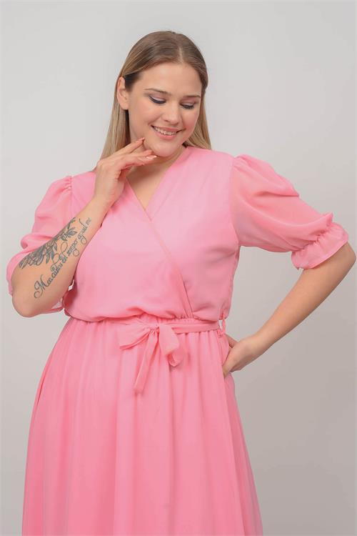 Neşeli butik kadın pudra kruvaze yaka midi boy büyük beden şifon elbise NB8062 
