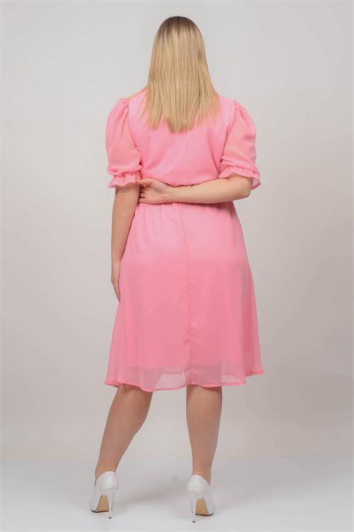 Neşeli butik kadın pudra kruvaze yaka midi boy büyük beden şifon elbise NB8062 