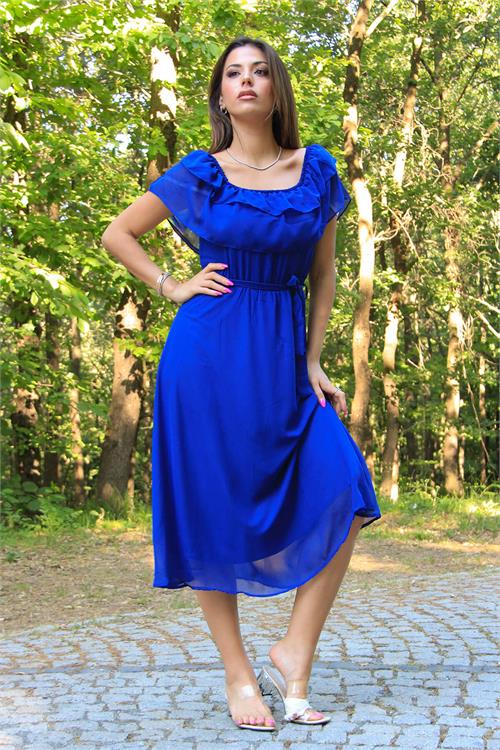 Neşeli Butik Kadın bağlama detaylı madonna yaka yeni sezon şifon elbise NB8060 