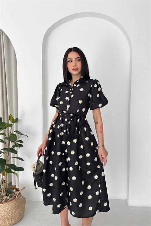 Neşeli butik kadın siyah gömlek yaka balon kol çiçek baskılı yazlık midi elbise -----NBK4617 