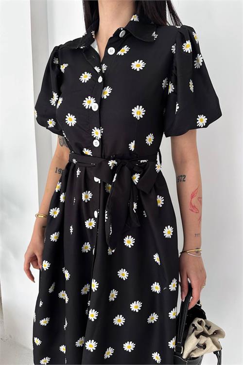Neşeli butik kadın siyah gömlek yaka balon kol çiçek baskılı yazlık midi elbise -----NBK4617 