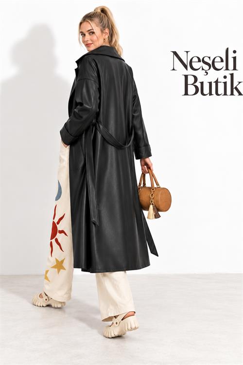 Neşeli butik kadın siyah kol detaylı tam boy suni deri kuşaklı premium trençkot NBELV01 