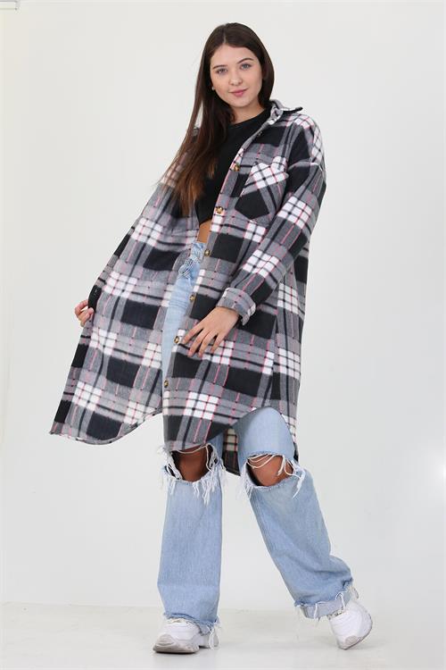 Neşeli Butik Kadın Düğme Detaylı Kışlık Polar Uzun Tunik Gömlek NB7190 
