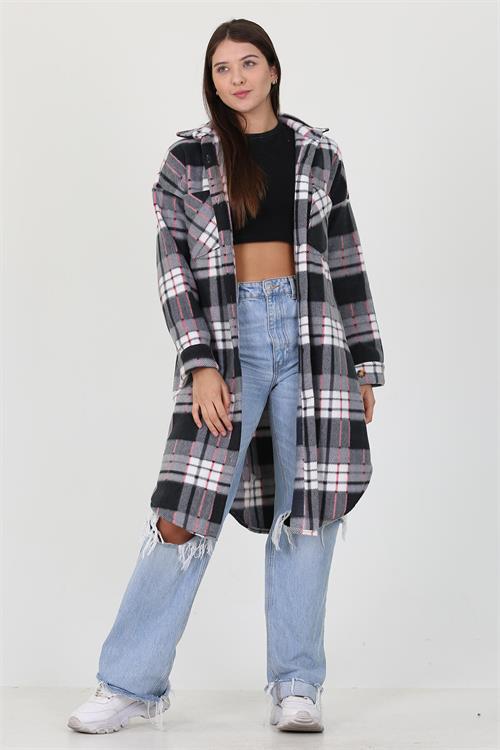 Neşeli Butik Kadın Düğme Detaylı Kışlık Polar Uzun Tunik Gömlek NB7190 