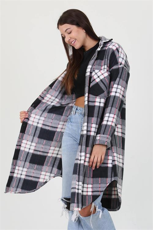 Neşeli Butik Kadın Düğme Detaylı Kışlık Polar Uzun Tunik Gömlek NB7190 