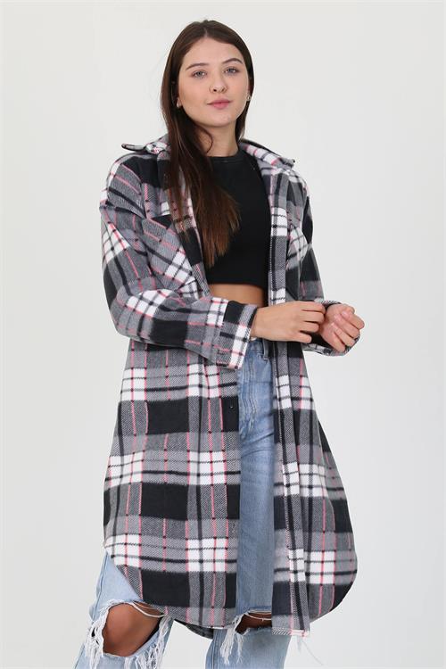 Neşeli Butik Kadın Düğme Detaylı Kışlık Polar Uzun Tunik Gömlek NB7190 