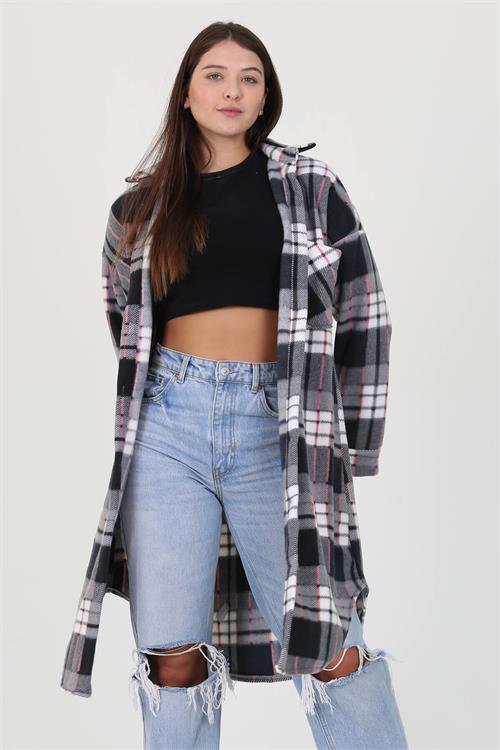 Neşeli Butik Kadın Düğme Detaylı Kışlık Polar Uzun Tunik Gömlek NB7190 