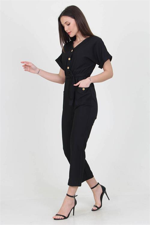 Neşeli Butik Kadın V Yaka Düğme Detaylı Tulum NB7068 