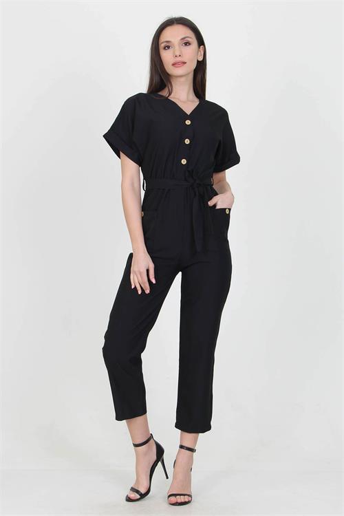 Neşeli Butik Kadın V Yaka Düğme Detaylı Tulum NB7068 