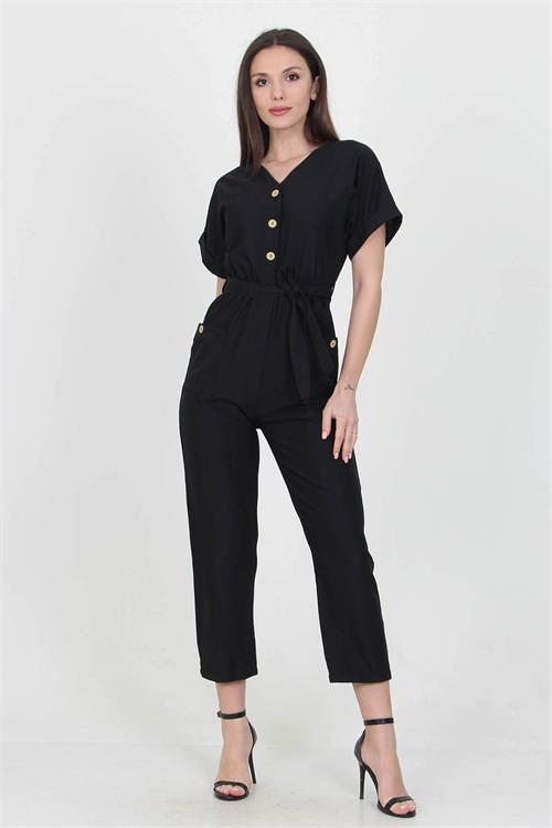 Neşeli Butik Kadın V Yaka Düğme Detaylı Tulum NB7068 