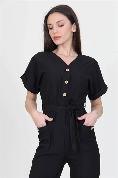 Neşeli Butik Kadın V Yaka Düğme Detaylı Tulum NB7068 