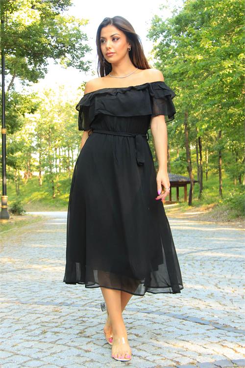 Neşeli Butik Kadın bağlama detaylı madonna yaka yeni sezon şifon elbise NB8060 