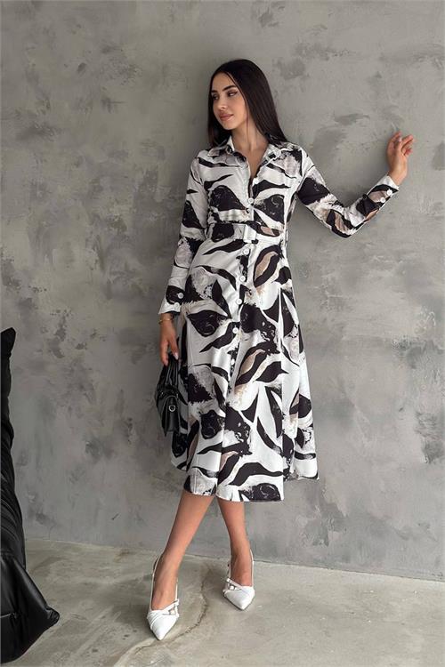 Neşeli butik kadın desenli yazlık düğmeli gömlek elbise NBK2140 