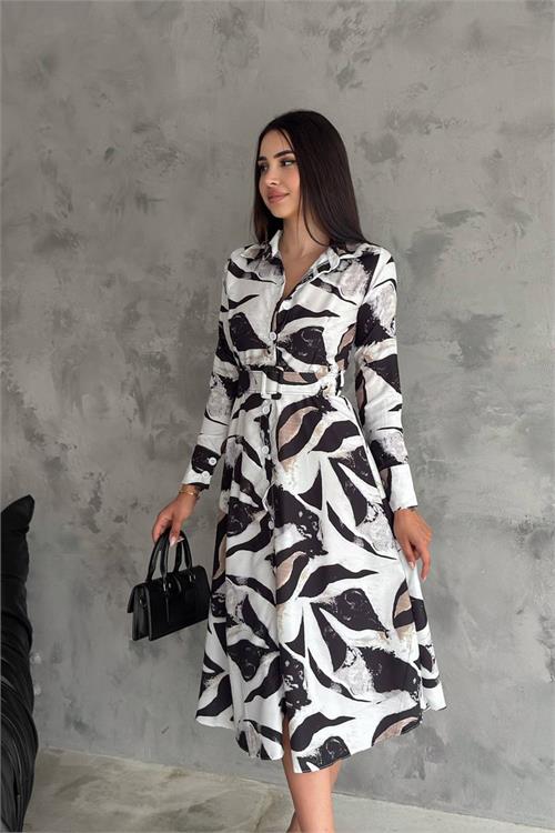 Neşeli butik kadın desenli yazlık düğmeli gömlek elbise NBK2140 