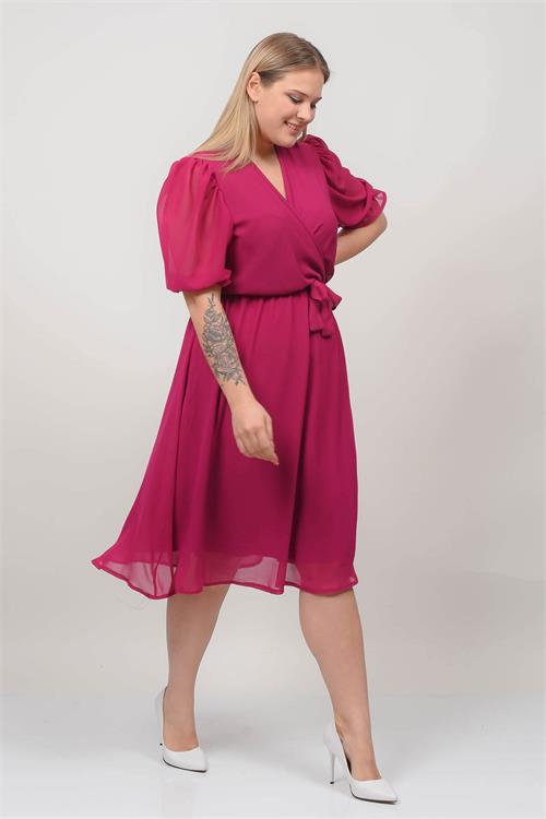 Neşeli butik kadın kruvaze yaka midi boy büyük beden şifon elbise NB8062 