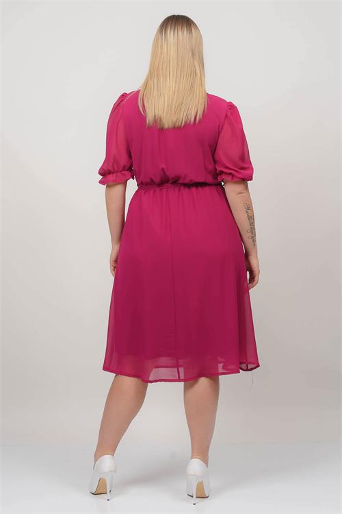 Neşeli butik kadın kruvaze yaka midi boy büyük beden şifon elbise NB8062 