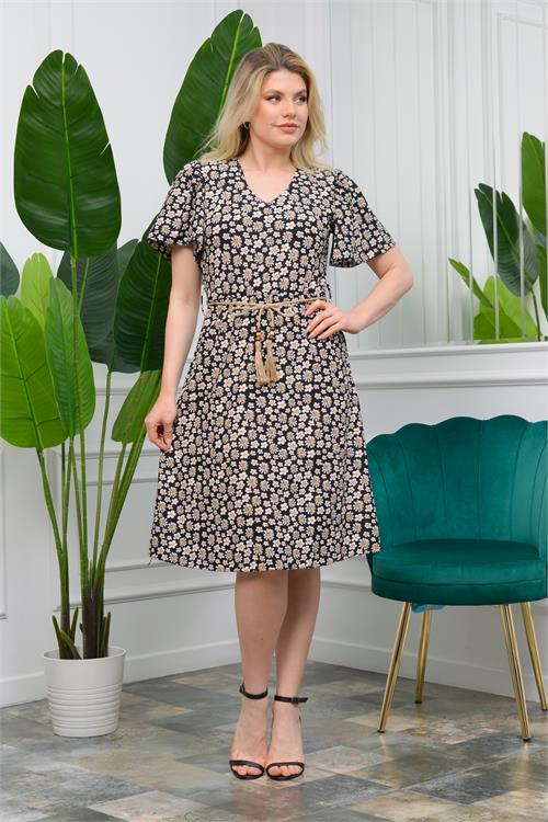 Neşeli Butik Kadın Yeni sezon Hasır Kemerli Çiçekli Yazlık Örme Elbise NB60203 