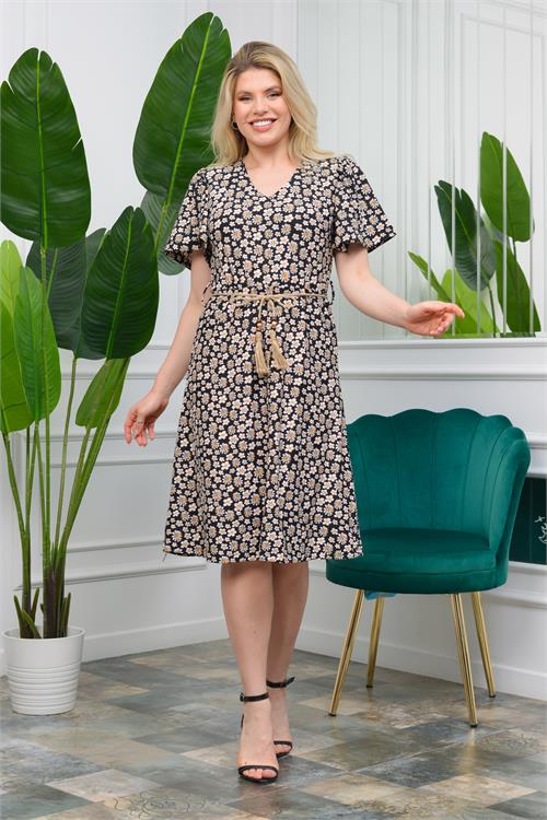 Neşeli Butik Kadın Yeni sezon Hasır Kemerli Çiçekli Yazlık Örme Elbise NB60203 