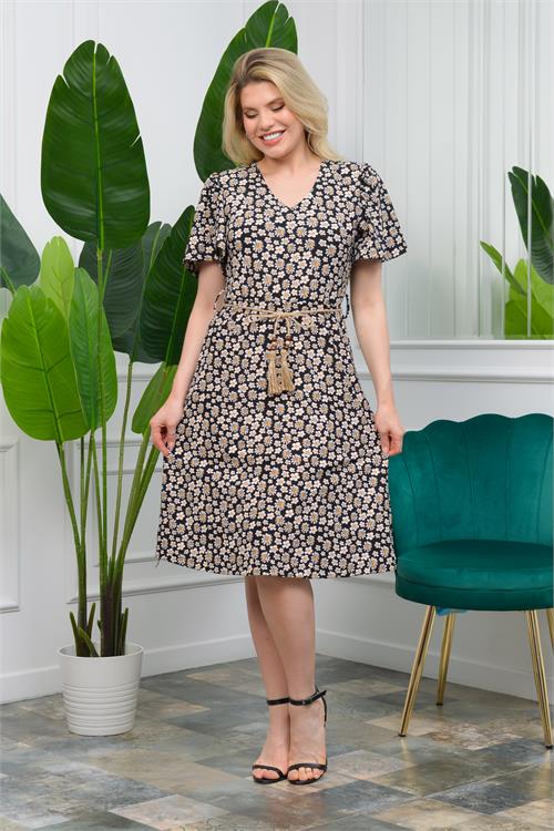 Neşeli Butik Kadın Yeni sezon Hasır Kemerli Çiçekli Yazlık Örme Elbise NB60203 