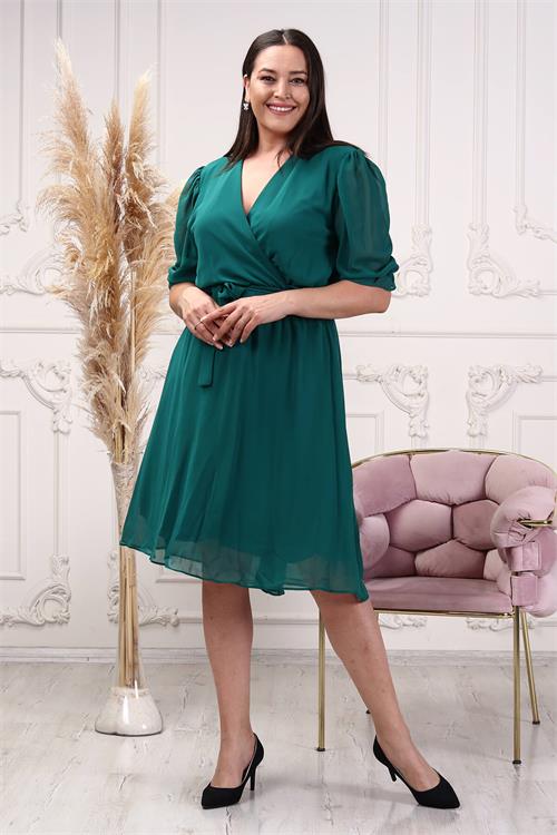 Neşeli butik kadın yeşil kruvaze yaka midi boy büyük beden şifon elbise NB8062 